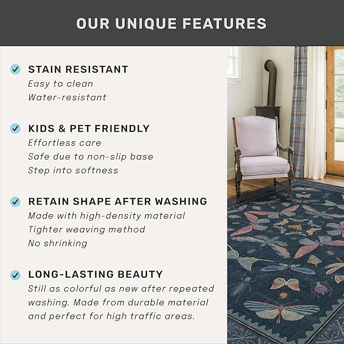 Vintage 2'6"x8' Kitchen Rugs Washable, Non Slip 8ft Long Rugs for Hallway, Stain Resistant Indoor Mats for Entryway, Dark Blue Insect Moth Home Décor, Low Pile & Soft
