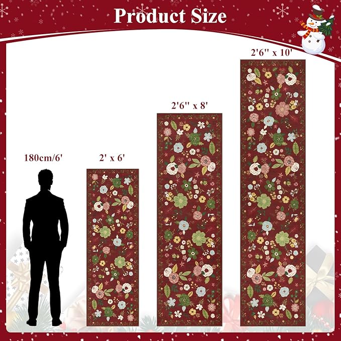 U'Artlines 2'x6' Red Christmas Runner Rug for Hallways Kitchen,Colorful Floral Soft Non Slip Washable Floor Carpet Runners for Entryway Laundry Room Bathroom (Red)