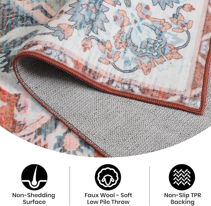 8x10 Area Rugs for Living Room, Machine Washable Non-Slip Low Pile Faux Wool Boho Vintage Carpet, Non-Shedding Large Rug for Bedroom Dining Room Office, Pastel Orange