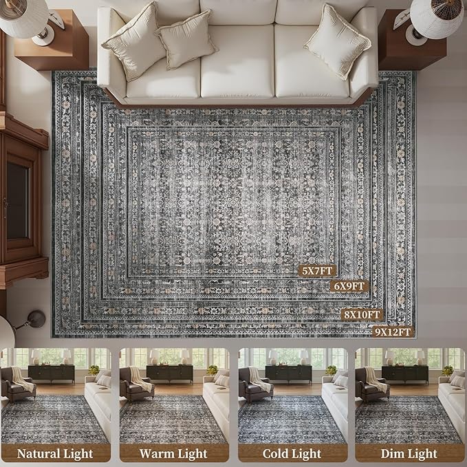 MontVoo-Vintage Area Rug 9X12 Grey Rugs for Living Room-Soft Distressed Printed Rugs for Bedroom-Non Slip Carpet-Machine Washable Rug for Dining Room Living Room Bedside Office