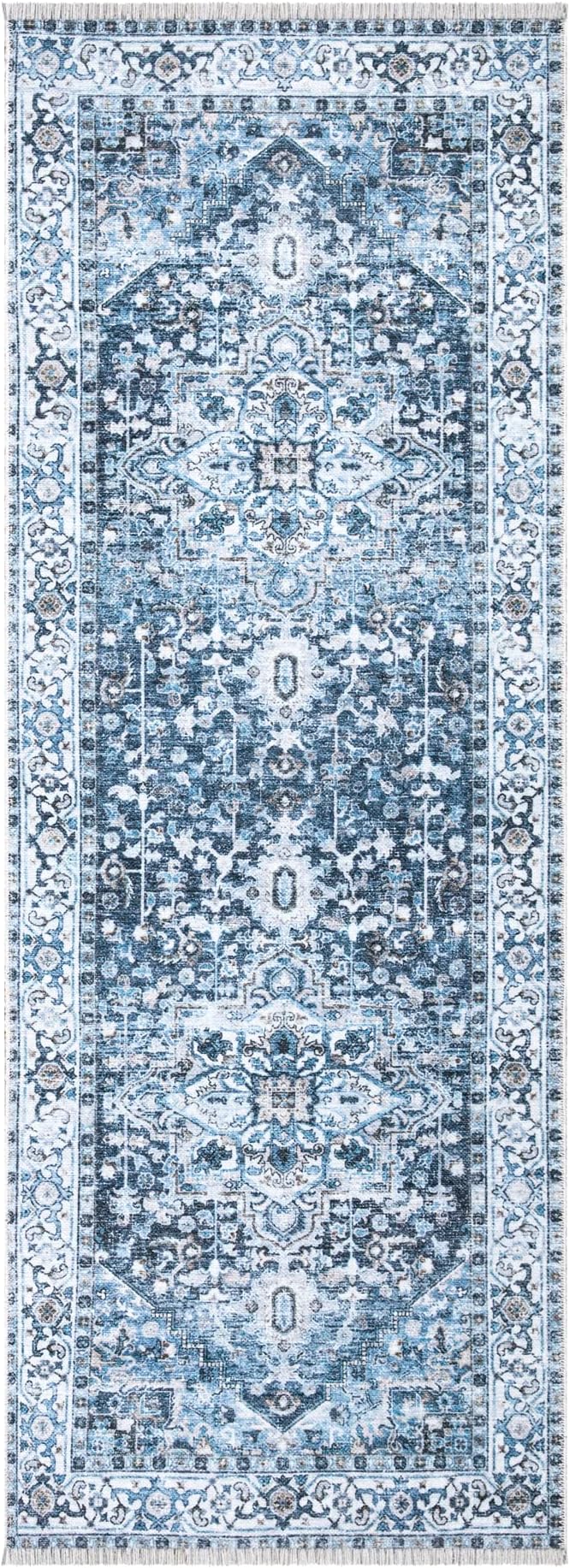 Bloom Rugs Caria Washable Non-Slip 10 ft Runner - Navy Blue Traditional Runner for Entryway, Hallway, Bathroom, and Kitchen - Exact Size: 2'6" x 10'
