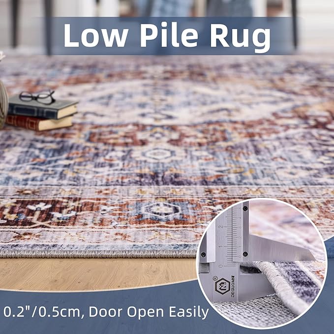 Rugs 5x7 Washable Rug, Non Slip Large Rug for Living Room Bedroom Dining Room, Low-Pile Kid & Pet Friendly Distressed 5x7 Carpet Print Floor (Border Brown/Navy Blue)