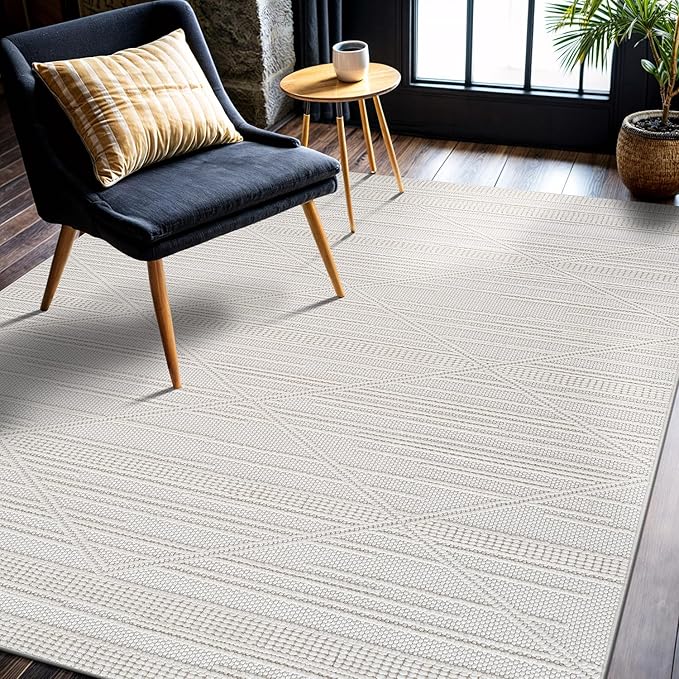 CAMILSON Micro Loop Rug 6x9 Modern Luxury Geometric Pattern Area Rugs Soft High and Low Pile Stain Resistant Easy-Cleaning Non-Shedding for Living Room Office Indoor Carpet (6 x 9 / White)