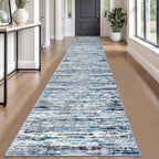 Modern Abstract Runner Rug 2.6x18, Grey Blue White Washable Long Kitchen Runner Non-Slip Soft Hallway Rug Runner Thin Print Faux Wool Carpet for Entryway Bedroom Laundry Room Indoor Home Decor
