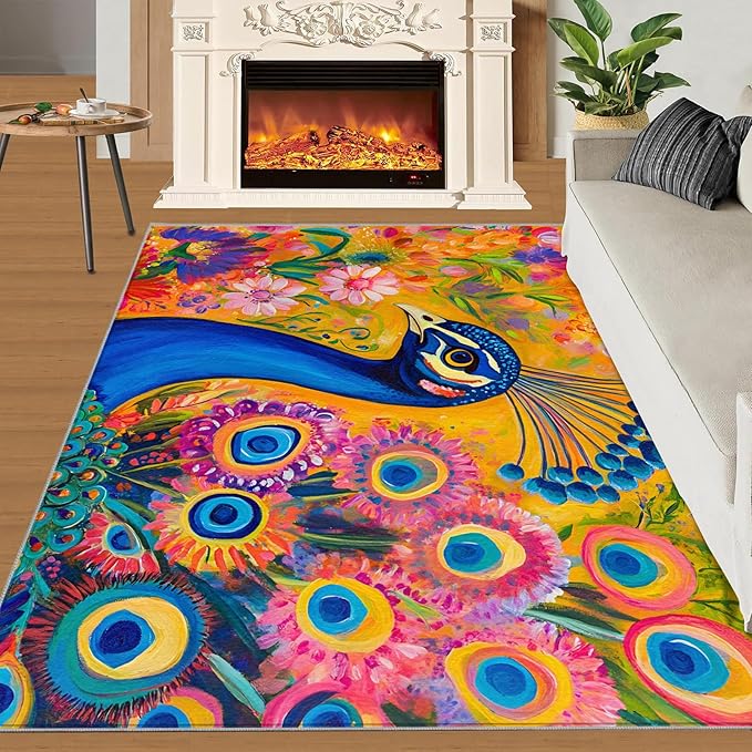 Peacock Rugs for Living Room - 6x9 Rug, Boho Floral Botanical Area Rugs for Bedroom, Wonderful Peacock Rug, Peafowl Washable Carpet, Floral Animal Carpet - Peafowl Home Decor & Gifts