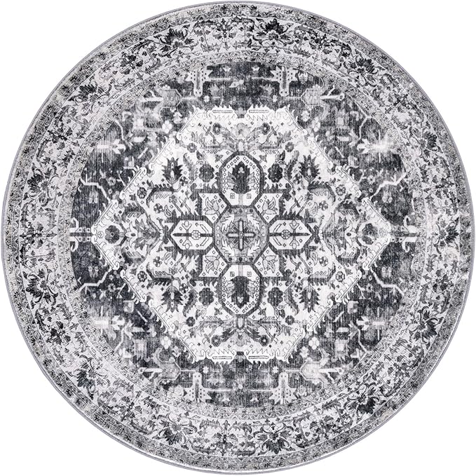 KOZYFLY Round Rug 5 Ft Rugs for Entryway Washable Circle Entrance Rug Non Slip Round Doormat Indoor Printed Faux Wool Round Front Door Mat Floor Carpet for Backdoor, Entryway, Bedroom, Grey