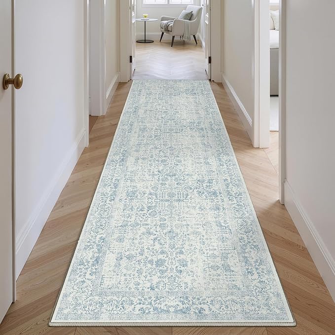 Blue Runner Rug 2x10 Hallway Machine Washable Kitchen Vintage Distressed Non Slip Long Carpet Indoor Retro Floral Bedroom Accent Throw Rug for Bathroom Office Laundry Dining Room
