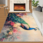Peacock Peony Rug 8x10-8x10 Rug, Classic Peacock Peony Area Rugs for Bedroom, Teal Turquoise Rugs for Living Room, Peafowl Washable Mat, Malachite Green Feather Carpet - Peafowl Home Decor & Gifts