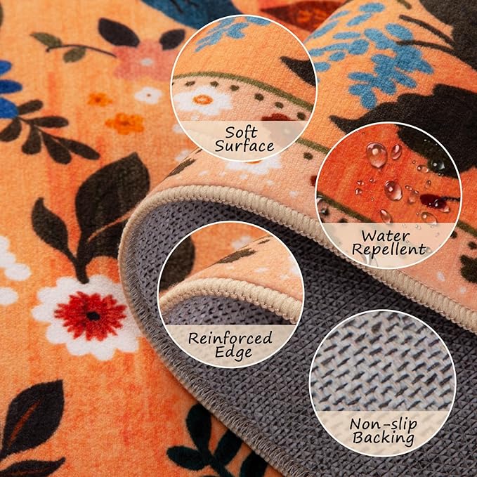 Floral 6x9 Area Rug Machine Washable Soft Print Boho Carpet Non Slip Doormat Low Pile Flower Area Rugs for Living Room Bedroom Nursery Kitchen Dining Room Indoor-Yellow/Orange