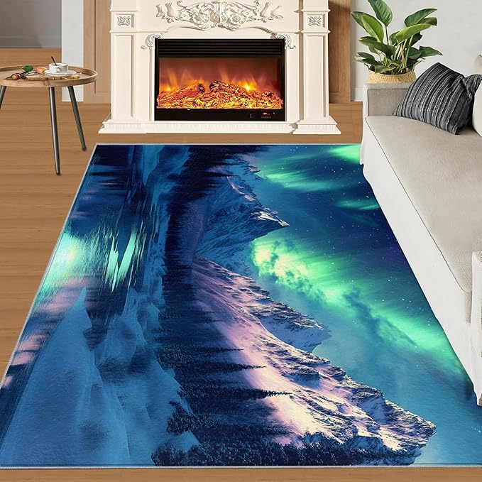 3x6 Snowy Mountains Bedroom Rug Under Bed - Aurora Borealis Kids Room Rugs, Polar Landscape Bedroom Runner Rug Soft Washable for Living Room Kitchen