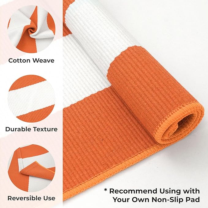 KOZYFLY Orange and White Striped Rug Doormat 2x3 Ft Halloween Fall Cotton Woven Washable Indoor Outdoor Rugs for Layered Door Mats Porch/Kitchen/Farmhouse