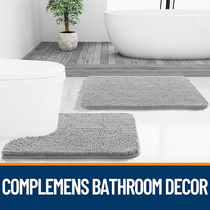 OLANLY Bathroom Rugs 50x30, Extra Soft Absorbent Chenille Bath Rugs, Rubber Backing Quick Dry, Machine Washable Bath Mats for Bathroom Floor, Tub and Shower, Home Decor Accessories, Light Grey