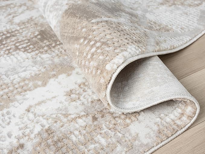 Adel Modern Area Rug for Living Room, 5x7 Rustic Distressed Abstract Beige Neutral Rug, Medium Pile Stain Resistant Carpet for Bedroom, Dining Room or Kitchen (5' x 7', Beige)