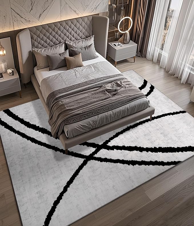 YIHOUSE Modern Area Rugs for Living Room, 9x12 Washable Black and White Rug, Thin Abstract Geometric Striped Rug, Area Rug for Bedroom,Kitchen,Dining Room,Office