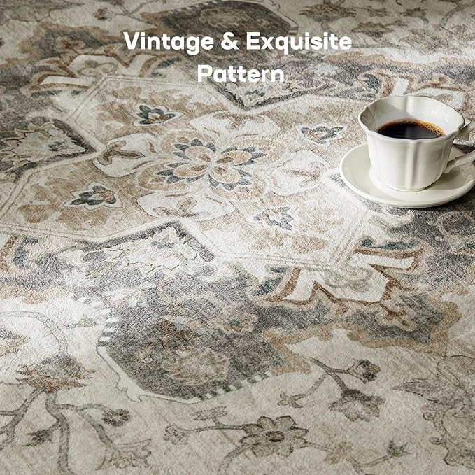Marsail 9x12 Machine Washable Area Rug, Soft & Slip-Resistant Large Area Rug with Reinforced Bound Edges, Vintage Short-Pile Washable Rug with Floral Pattern for Living Room, Dinning Room and Bedroom