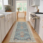 Enkor Runner Rugs for Hallway, 2.6x8 Washable Soft Non Slip Floor Rugs for Kitchen, Modern Mat for Living Room Bedroom Entryway Green & Blue