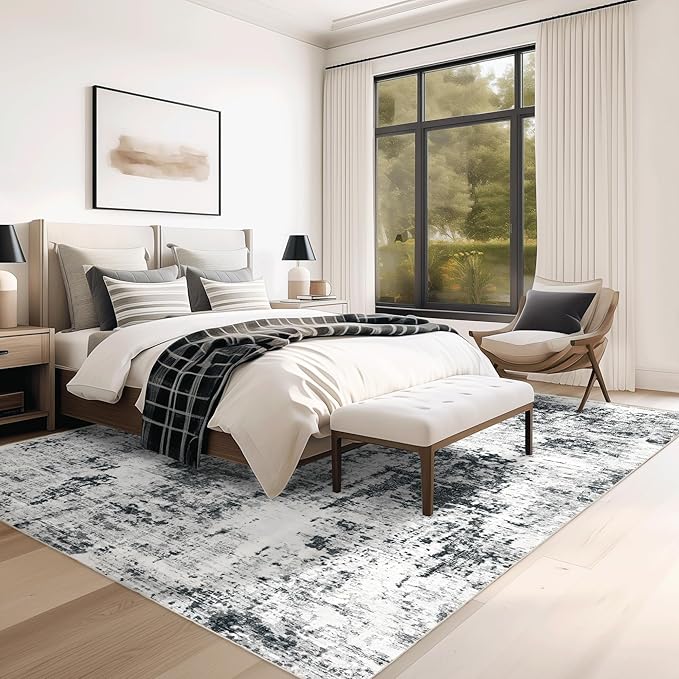 FMFUNCTEX 8x10 Washable Area Rug Black and Grey Neutral Abstract Modern Large Non Slip Carpet for Living Room Bedroom Soft Low Pile Indoor Mat Contemporary Accent Throw Rug for Dining Kitchen Nursery