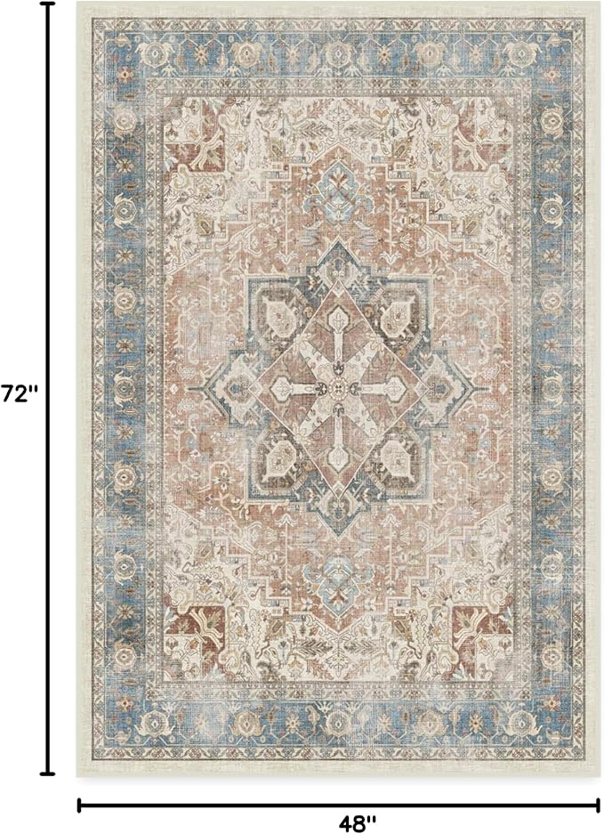 RUGGABLE Washable Vintage Area Rug – Kamran Coral 4x6, Stain-Resistant, Non-Slip – Medium Machine Washable Rugs for Living Room, Bedroom, Hallway, Entryway & Office–with Cushioned Pad