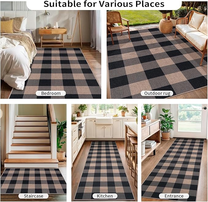 Tangsoo Checkered Easy Jute Rug,3x5 Washable Area Rug for Bedroom,Non-Slip Black Indoor Outdoor Rug Modern Farmhouse Low Pile Carpet for Patio Backyard Entryway
