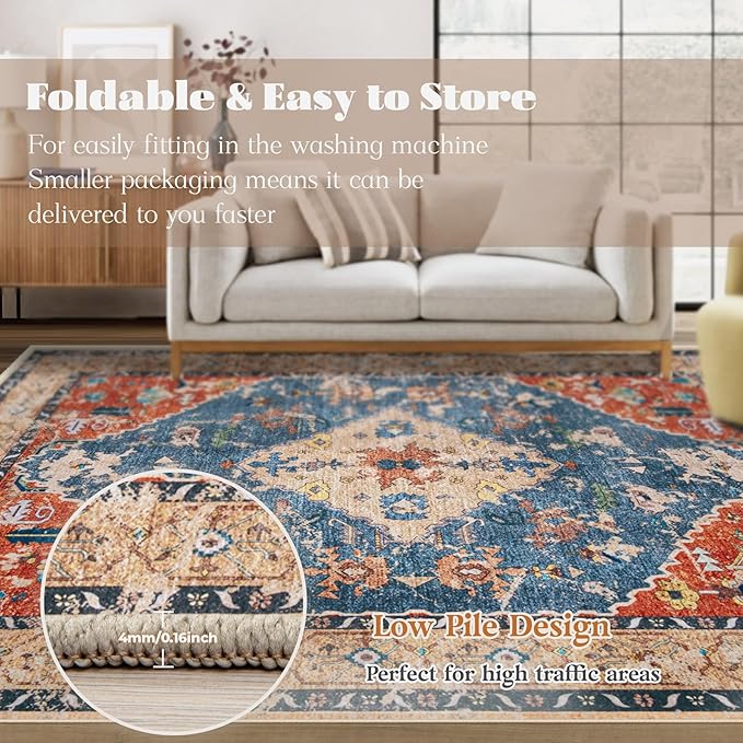 Area Rug 9x12 Washable Rug, Vintage Boho Medallion Rugs Non-Slip Soft Low Pile Large Distressed Rug Indoor Retro Carpet for Living Room Bedroom Dining Room Home Office (Tribal Medallion/Multi, 9'x12')