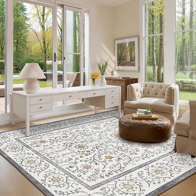 GarveeHome Boho 6x9 Area Rug for Living Room, Floral Vintage Rugs for Bedroom with Soft Low Pile, Non Slip Stain Resistant Botanical Washable Rug 6x9 for Dining Room Grey Carpet for Dorm Office