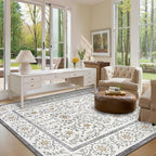 GarveeHome Boho 5x7 Area Rug for Bedroom, Floral Vintage Rugs for Living Room with Soft Low Pile, Non Slip Botanical Washable Rugs 5x7 for Dining Room Grey Carpet for Entryway Dorm Office Playroom