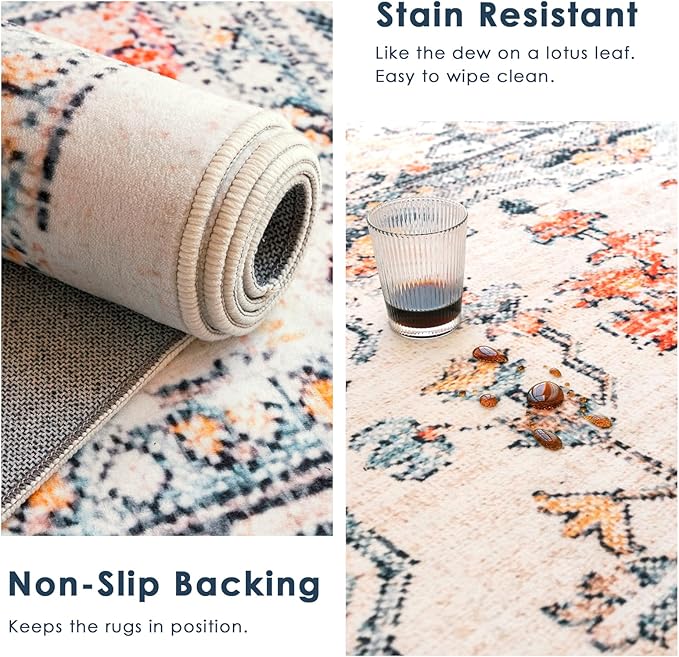 VK VK·LIVING Machine Washable Rug 4'x6' Vintage Design Washable Area Rugs with Non Slip Rugs for Living Room Bedroom Traditional Woven Carpet Stain Resistant,Home Decor Office Boho Rug, Blue&Orange