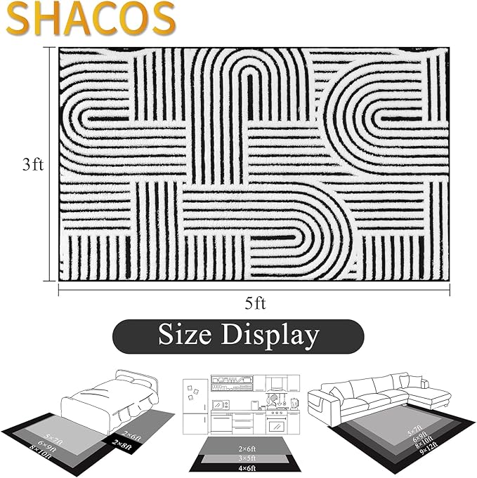 SHACOS Soft Cozy Fluffy Arch Pattern High Low Pile Rugs 3'x5' Non Slip Washable Scandinavian Minimalist Rug Modern Geometric Arc Carpet for Living Room Bedroom Dining Room, Black White
