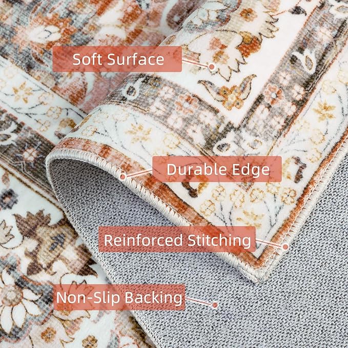 Deerly Machine Washable 5x7ft Area Rugs, Non Slip Large Rug for Living Room Bedroom Dining Room, Low-Pile Kid & Pet Friendly Distressed Carpet Print Floor Rug(Brick Red)