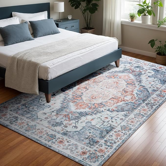 4x6 Washable Rug – Boho Non-Slip Indoor Area Rug for Living Room, Bedroom, Dining Room, Entryway –Muted Blue and Rust Distressed Pattern