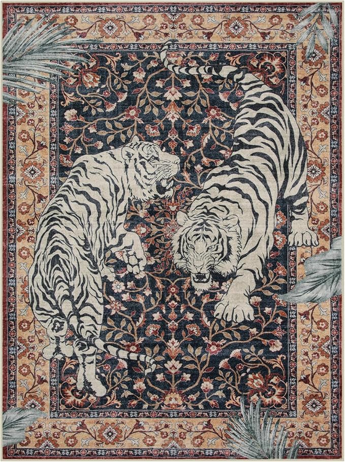 Moynesa Tiger Washable Area Rug, 9x12 Living Room Rug, Vintage Non Slip Large Rug for Dining Room, Ultra Thin Boho Soft Stain Resistant Indoor Carpet for Bedroom Guest Room, Puce Red