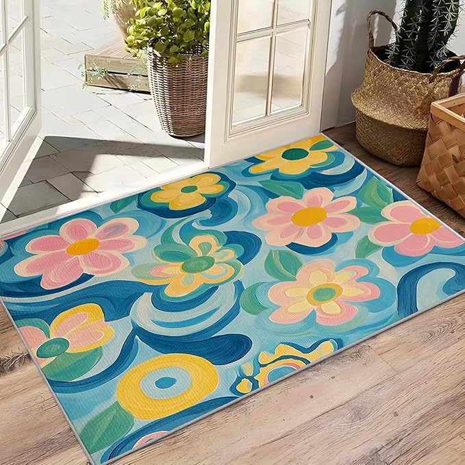 Floral Large Area Rug - 7x10 Rug - Modern Artistic Flower Rugs for Living Room Non Slip Low Pile Machine Washable Area Rugs, Floral Carpets Home Decor & Gifts
