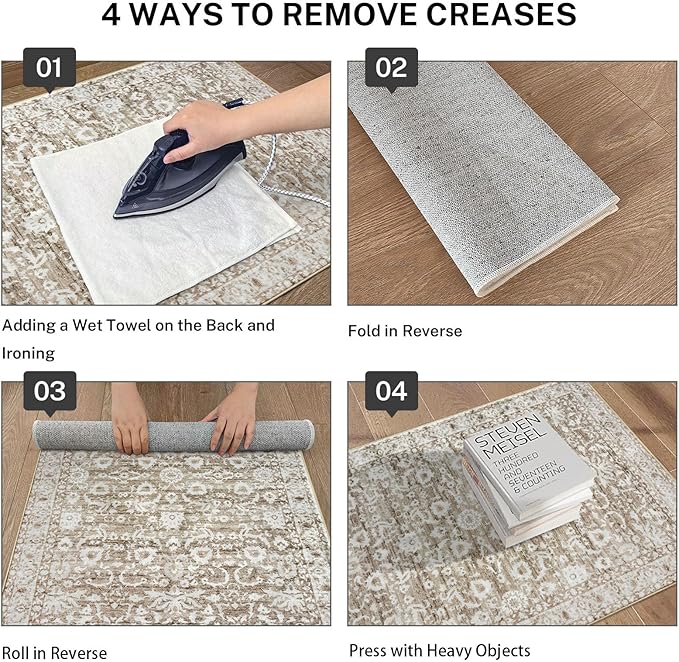 Vintage 4x6 Living Room Washable Rug, Beige Tan White Non-Slip Soft Bedroom Area Rug Thin Printed Faux Wool Floor Super Soft Carpet Throw Rugs for Nursery Playroom Dining Room Indoor Office