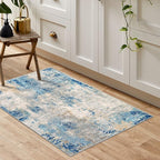 Lahome Modern Abstract Kitchen Rug - 2x3 Washable Small Front Doormat Soft Throw Rugs for Entryway Non-Slip, Contemporary Faux Wool Floor Indoor Carpet for Bathroom, Blue/Yellow/Ivory