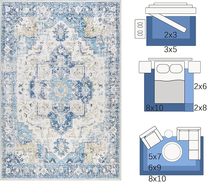 jinchan Kelda Runner Rug 3x7 Washable Rug Soft Hallway Runner Indoor Vintage Print Floor Cover Retro Distressed Lightweight Non-Slip Thin Carpet for Bathroom Kitchen Living Room Bedroom Blue