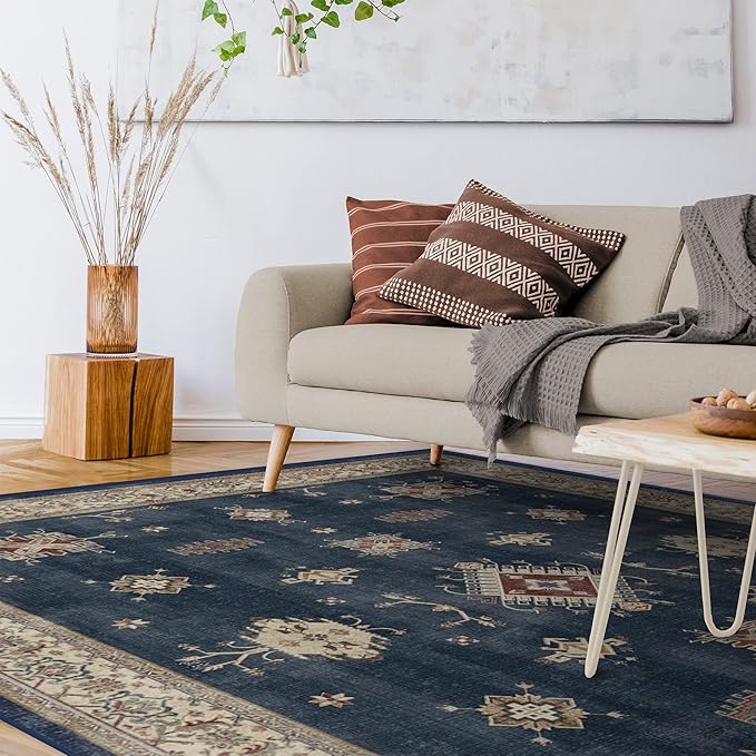 RUGGABLE Washable Vintage Area Rug – Verena Sapphire 9x12, Stain-Resistant, Non-Slip – Large Machine Washable Rugs for Living Room, Bedroom, Hallway, Entryway & Office–with Standard Pad
