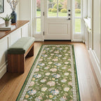 jinchan Elora 3x10 Floral Runner Rug for Hallway Washable Kitchen Runner Vintage Romance Design Non Slip Thin Indoor Floor Cover Low-Profile Throw Carpet for Entryway Bathroom Bedroom Porch, Green