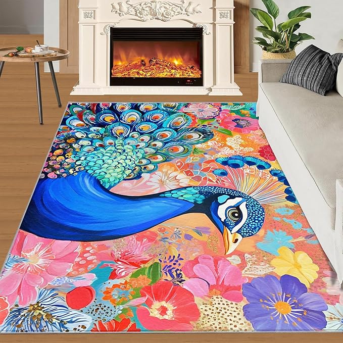 Peacock Area Rug 4x5-4x5 Rug, Boho Floral Rugs for Living Room, Colorful Carpet, Oil Painting Art Washable Area Rugs for Bedroom, Aesthetics Carpet - Peafowl Home Decor & Gifts