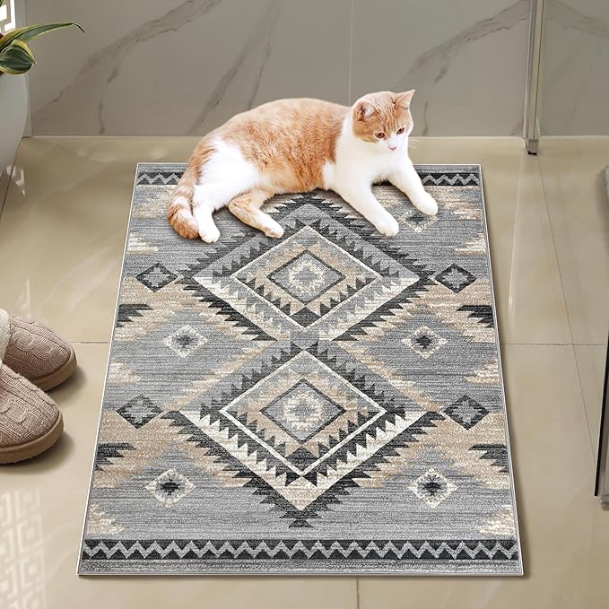 YHSF South West Native American Rug Ritz – Native Tribal American Indian Inspired Rug - Living Room, Bedroom, Hallway, Entryway & High-Traffic Area Rugs - Washable - Soft - Light Grey, 2 Feet x 3 Feet
