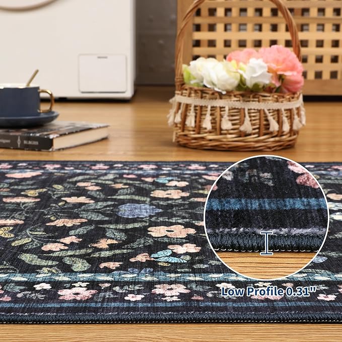 GarveeHome Washable Runner Rug 2 x 6 Non-Slip Non-Shedding Soft Vintage Bedside Rug, Low Pile Farmhouse Floral Carpet, Indoor Foldable Printed Entryway Rug for Hallway Kitchen, Dark Grey Blue