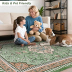 Luxury 5' x 7' Green Washable Area Rugs, Boho Low Pile Easy Clean Non-Slip Rug, Floral Medallion Pattern Vintage Rugs for Living Room, Dinning Room, Office, Bedroom, Bathroom, Laundry Room, Farmhouse