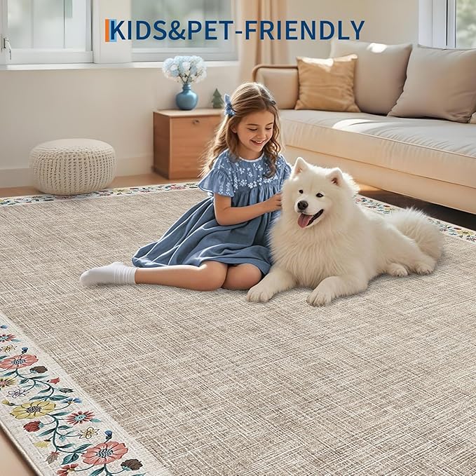 GarveeHome Washable Living Room Rug 9x12 Floral Bordered Area Rugs Soft Thin Indoor Carpet for Bedroom Modern Throw Aesthetic Mat Non Slip Stain Resistant Carpet for Dining Room Office, Light Camel