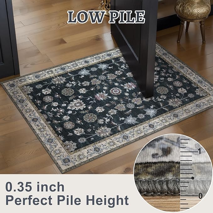 Tangsoo 2.6x10 Washable Runner Rug for Hallways, Floral Vintage Runner Rug Non Slip, Soft Low Pile Long Rug Runner, Black Carpet Runners for Kitchen Bedroom Entryway Living Room