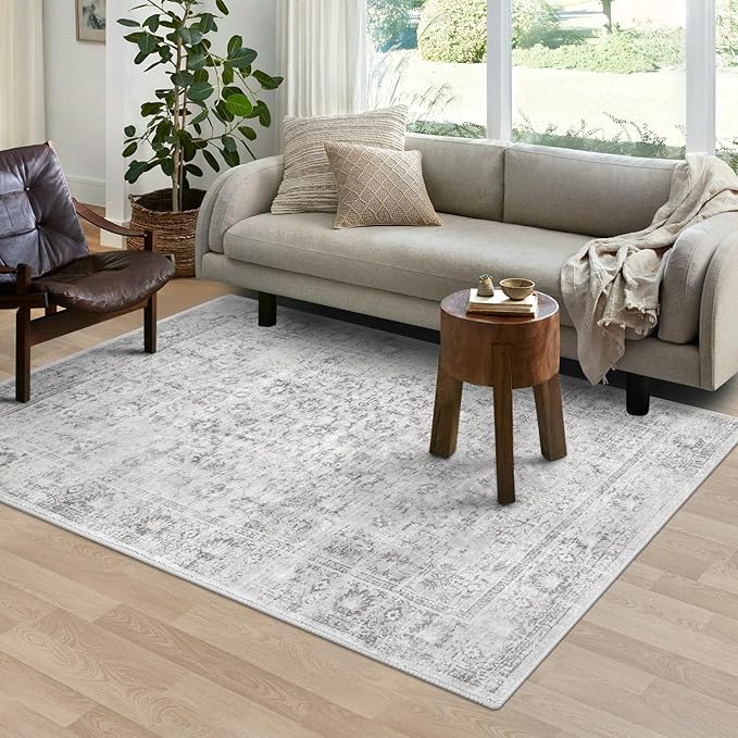 LIVEBOX Washable Gray Rug 6x9 - Vintage Soft Rug for Living Room, Large Neutral Rugs Anti-Skid Low-Pile Flower Carpet for Bedroom Office, Silverygray