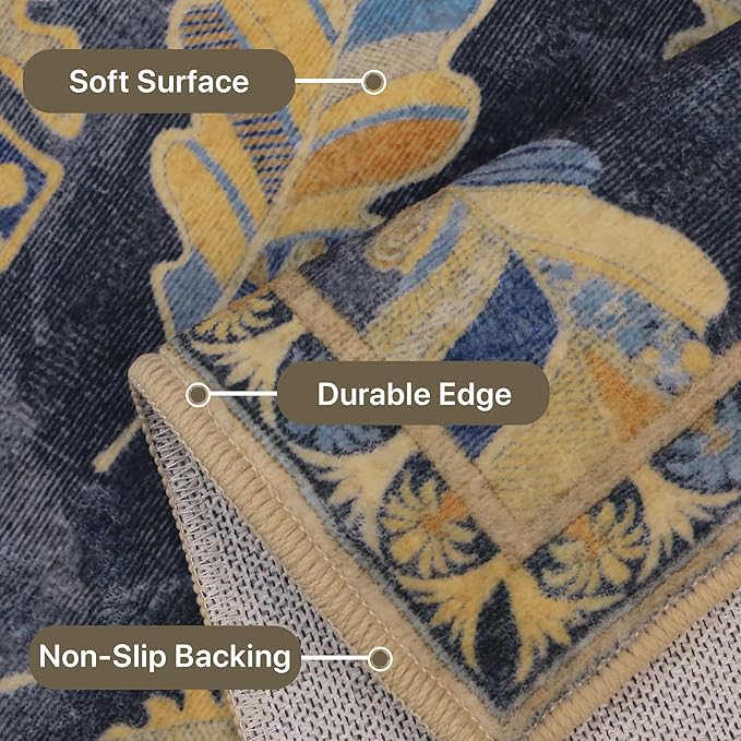 GENIMO 8x10 Area Rugs for Living Room, Machine Washable Non Slip Vintage Retro Rugs, Low Pile Soft Chenille Print Rug for Bedroom, Dining Room, Home Office, Leafy Twilight