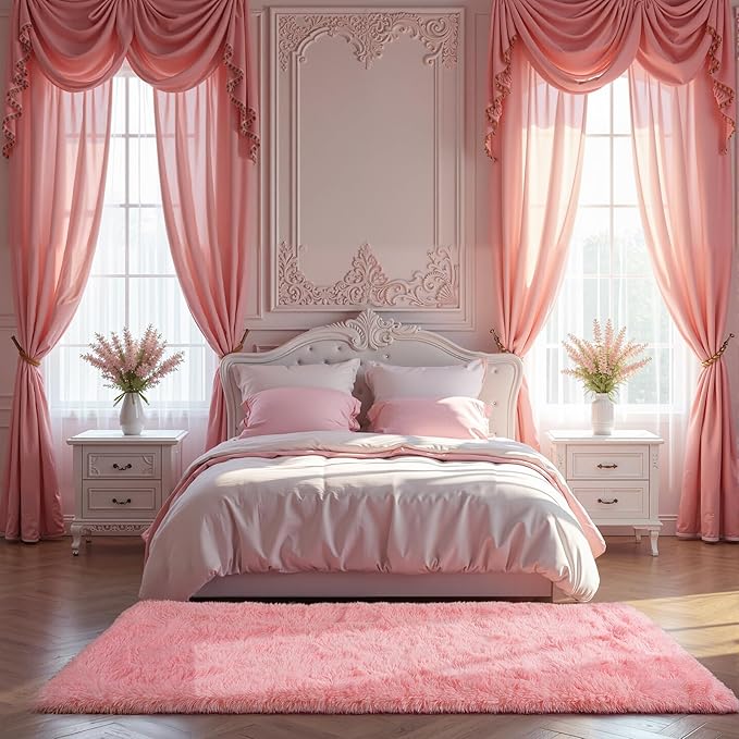 Zentavio Bedside Rugs for Girls Room 2x6 Runner Rugs for Hallway Bedroom Non Slip Fluffy Soft Shaggy Carpet for Kids Home Decor Aesthetic Dorm Nursery Pink