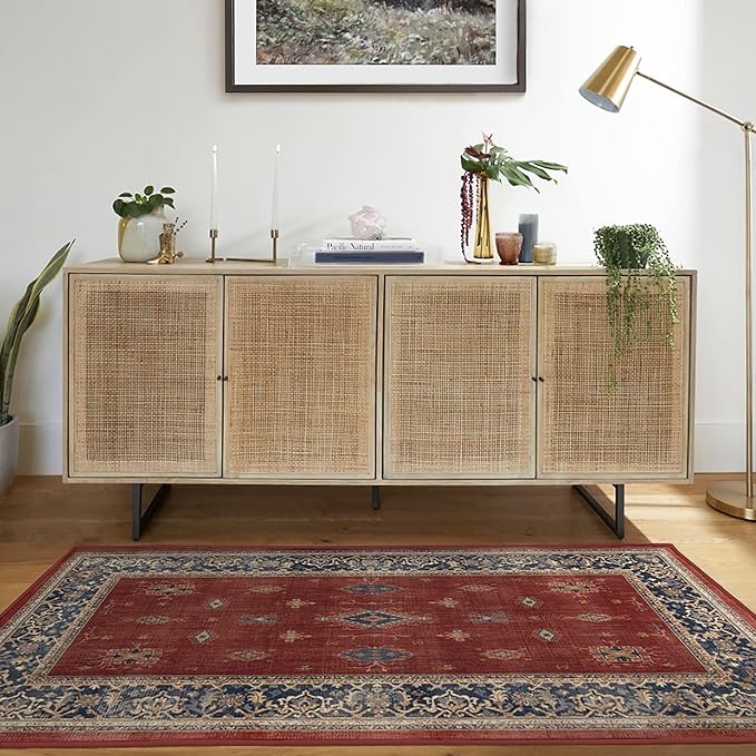 RUGGABLE Washable Vintage Area Rug – Verena Amber Red 3x5, Stain-Resistant, Non-Slip – Small Machine Washable Rugs for Living Room, Bedroom, Hallway, Entryway & Office–with Cushioned Pad