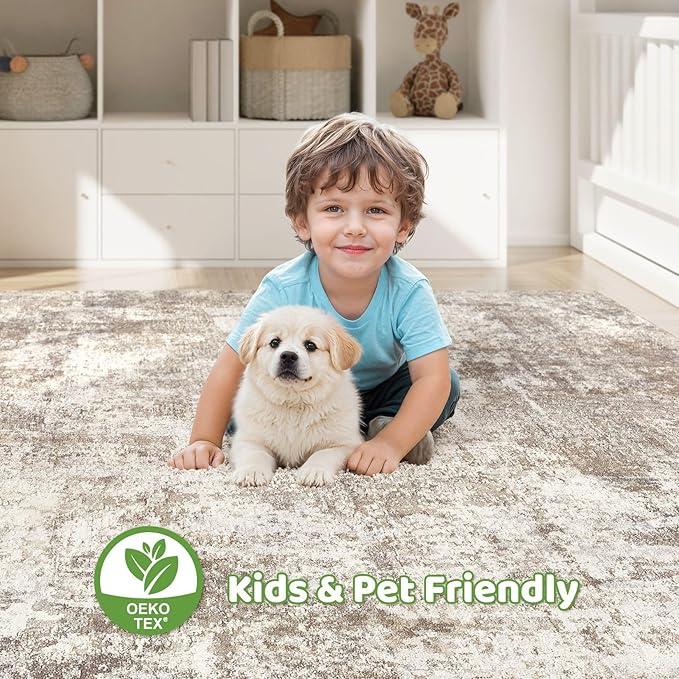 5x8 Area Rugs Living Room: Washable Large Abstract Soft Rug Stain Resistant Indoor Floor Non-Slip Accent Carpet for Women Modern Home Enthusiasts Aged 25-45 - Bedroom Nursery Playroom- Beige Brown