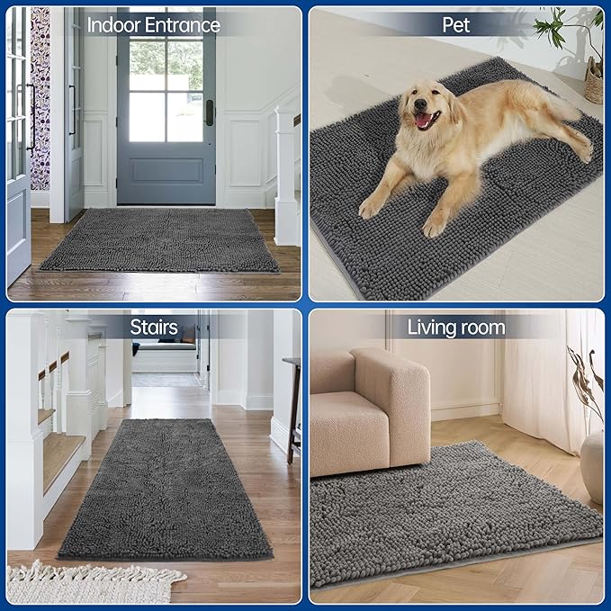 Chenille Absorbent Front Door Mat 72" x 24", Dog Door Mat for Muddy Paws, Trap Dirt Doormat, Mud Mat for Dogs, Washable Non Slip Outdoor Indoor Doormats for Entryway, Grey