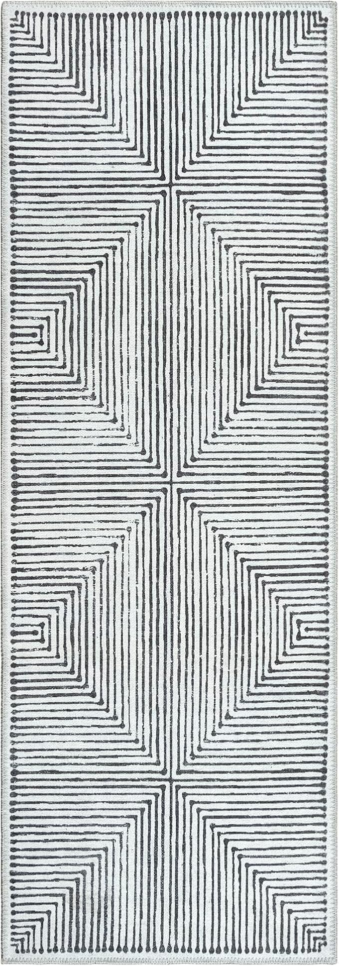 Bloom Rugs Washable Non-Slip 10 ft Runner - Black/Ivory Striped Runner for Entryway, Hallway, Bathroom, and Kitchen - Exact Size: 2.5' x 10'
